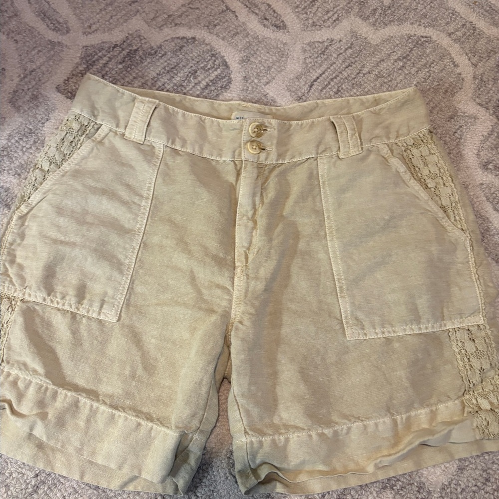 NWT Sundance Shorts Linen Cotton Blend Crochet Lace Trim Sand Beige Size 12